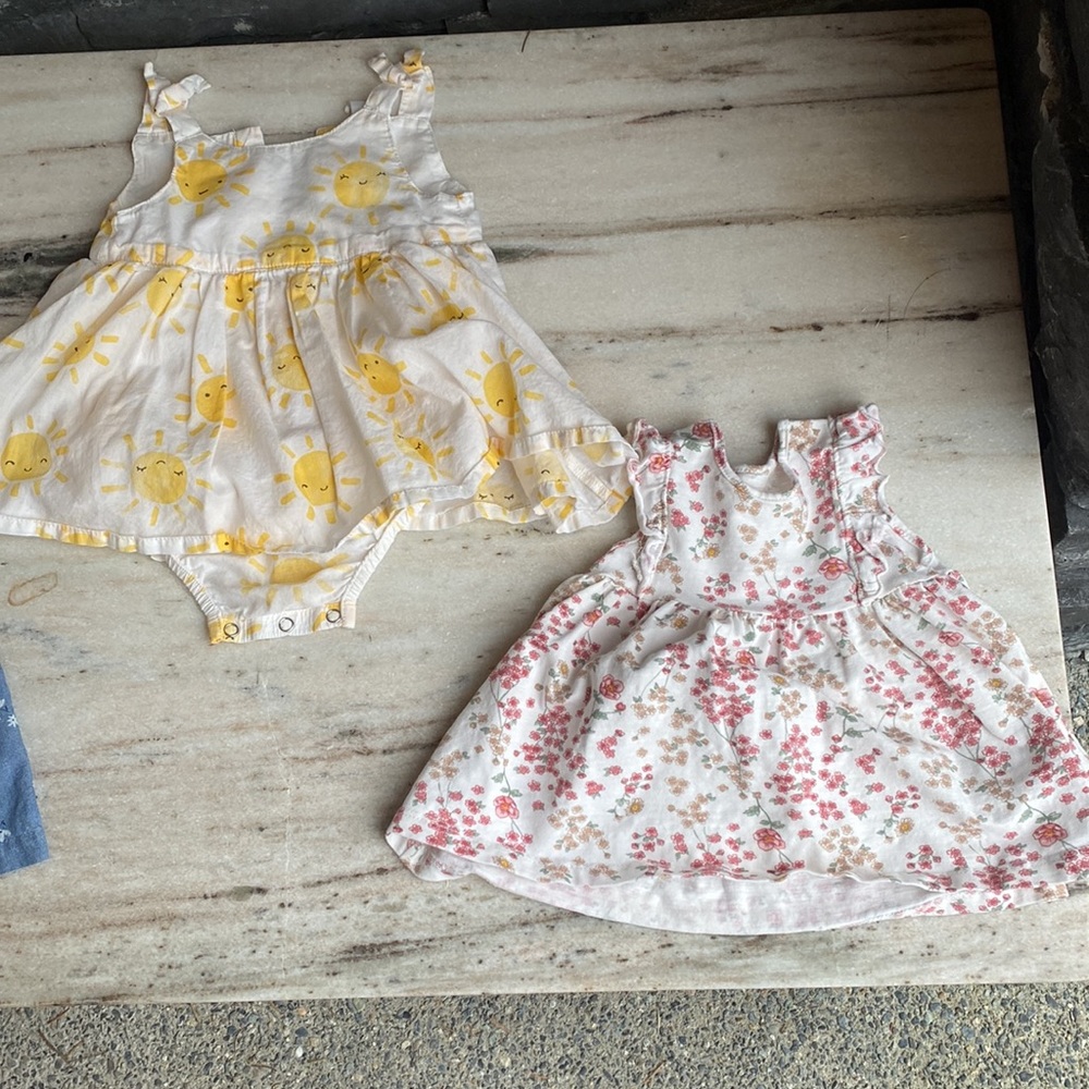 BABY GIRL SET OF 3 SPRING DRESSES SUNSHINE, JEAN FLORAL, WHITE FLORAL SIZE:6-9M